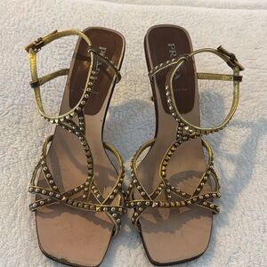 PRADA Brown Leather Studded Heeled Sandals w/ Ankle Straps